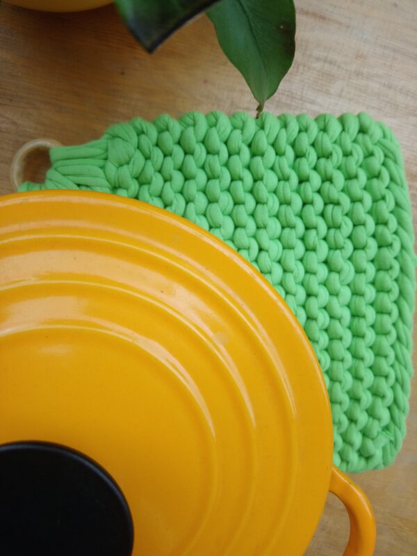 lime green knitted potholder global seasons