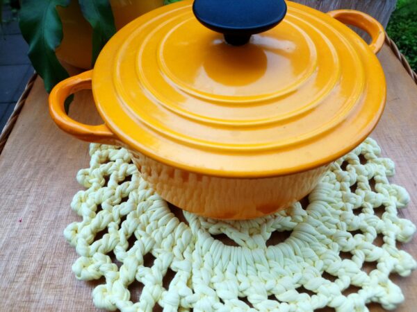 Handknitted Round Light Yellow Trivet and Pot Holder