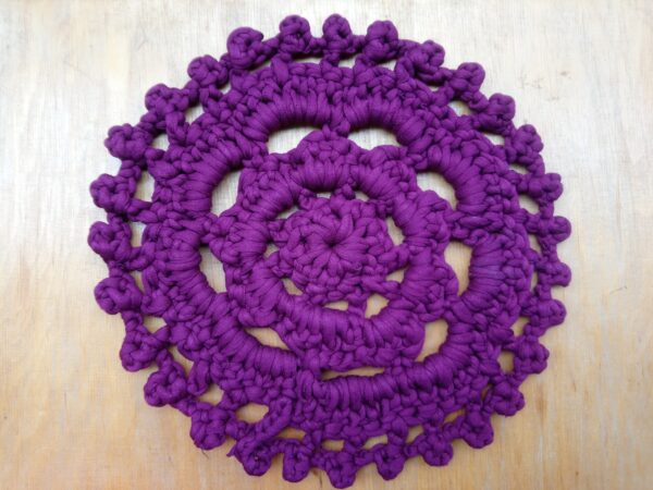 Handknitted Round Violet Trivet and Pot Holder